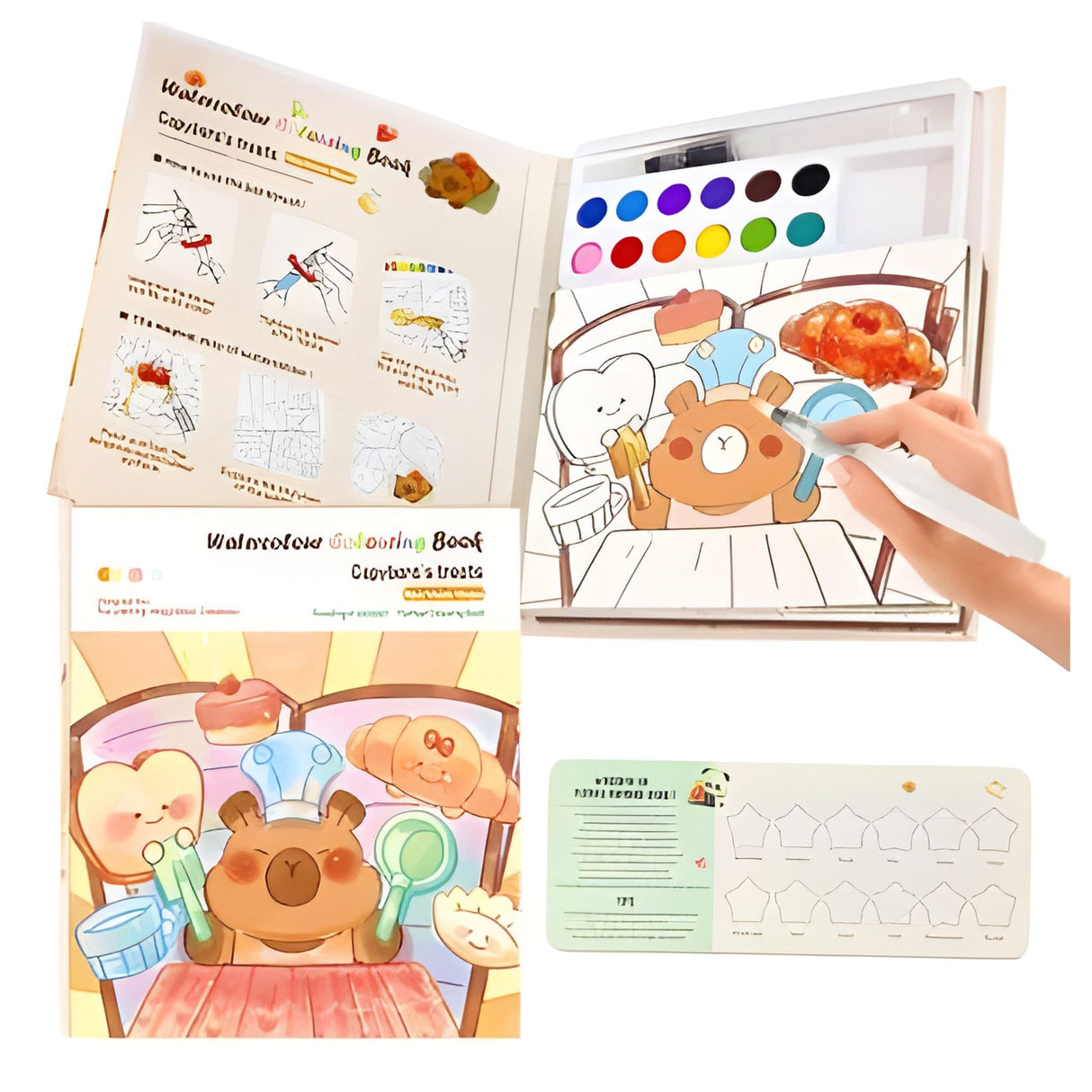 Set Carte de Colorat cu Acuarela, Flippy, Model Capibara, 20 Foi de Carton 200 gr, 12 Culori, 1 Pensula, 15.7 x 18.8 x 1.8 cm, Maro - vivimall.ro