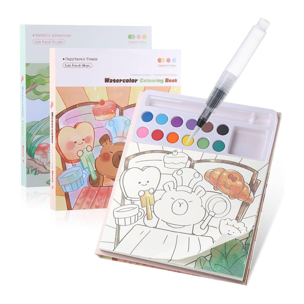 Set Carte de Colorat cu Acuarela, Flippy, Model Capibara, 20 Foi de Carton 200 gr, 12 Culori, 1 Pensula, 15.7 x 18.8 x 1.8 cm, Maro - vivimall.ro