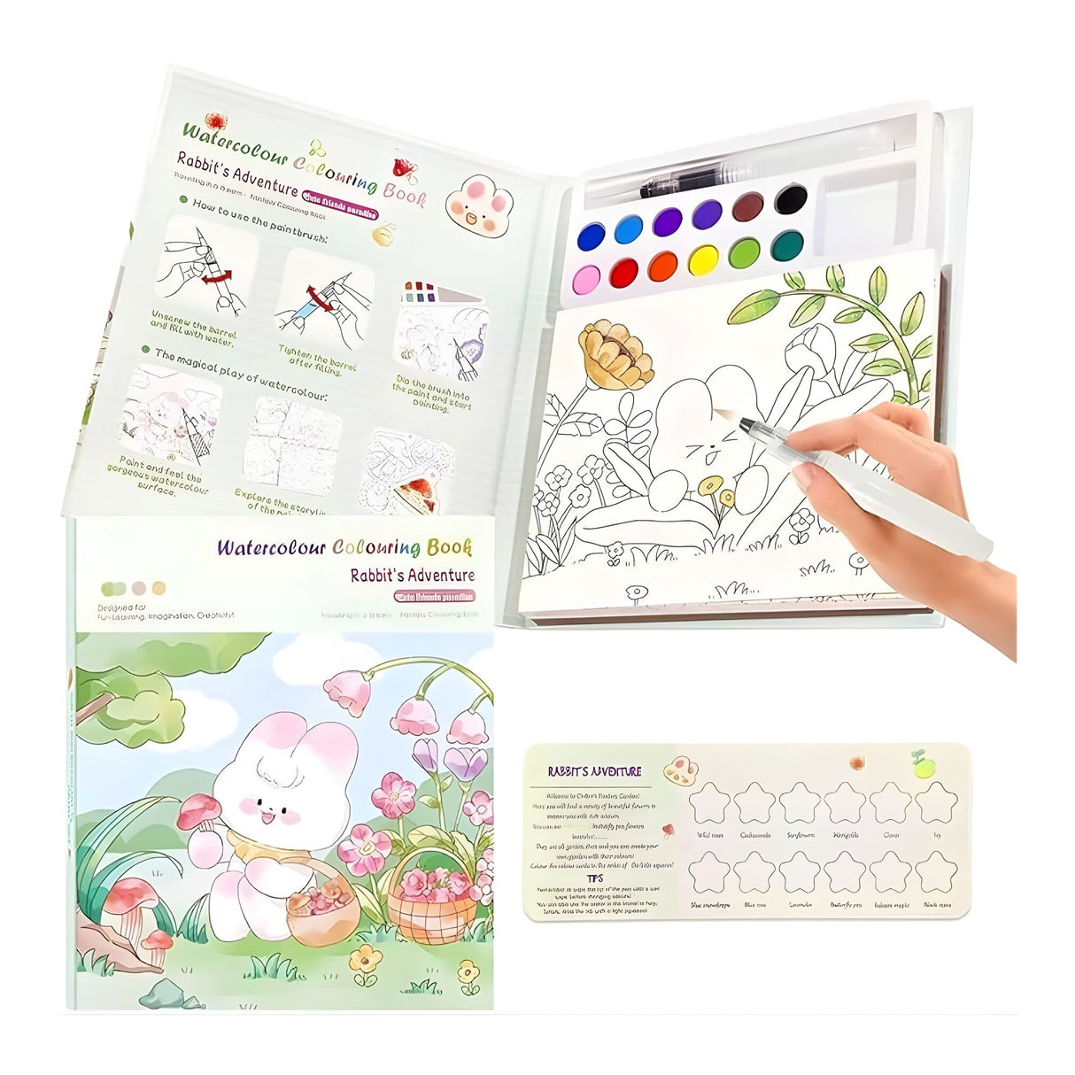 Set Carte de Colorat cu Acuarela, Flippy, Model Iepure, 20 Foi de Carton 200 gr, 12 Culori, 1 Pensula, 15.7 x 18.8 x 1.8 cm, Alb - vivimall.ro