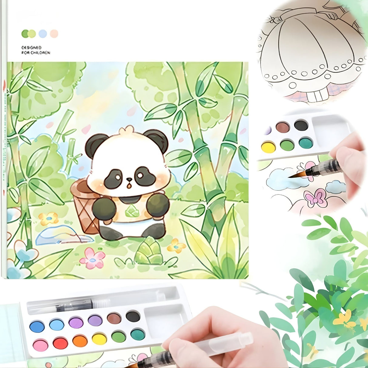 Set Carte de Colorat cu Acuarela, Flippy, Model Panda, 20 Foi de Carton 200 gr, 12 Culori, 1 Pensula, 15.7 x 18.8 x 1.8 cm, Verde - vivimall.ro