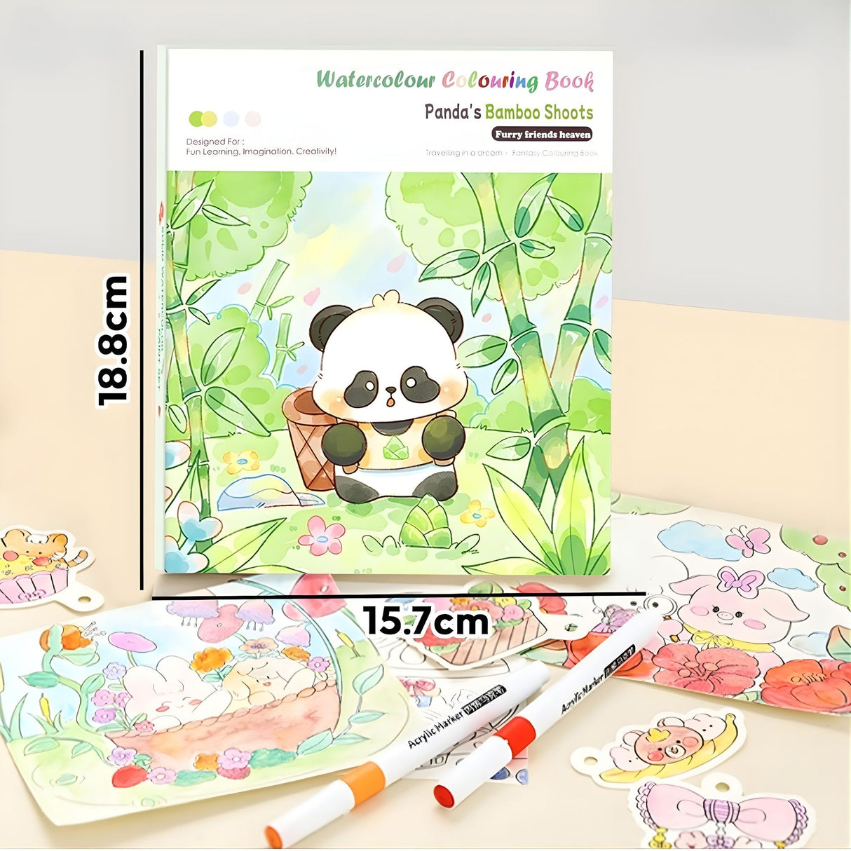 Set Carte de Colorat cu Acuarela, Flippy, Model Panda, 20 Foi de Carton 200 gr, 12 Culori, 1 Pensula, 15.7 x 18.8 x 1.8 cm, Verde - vivimall.ro