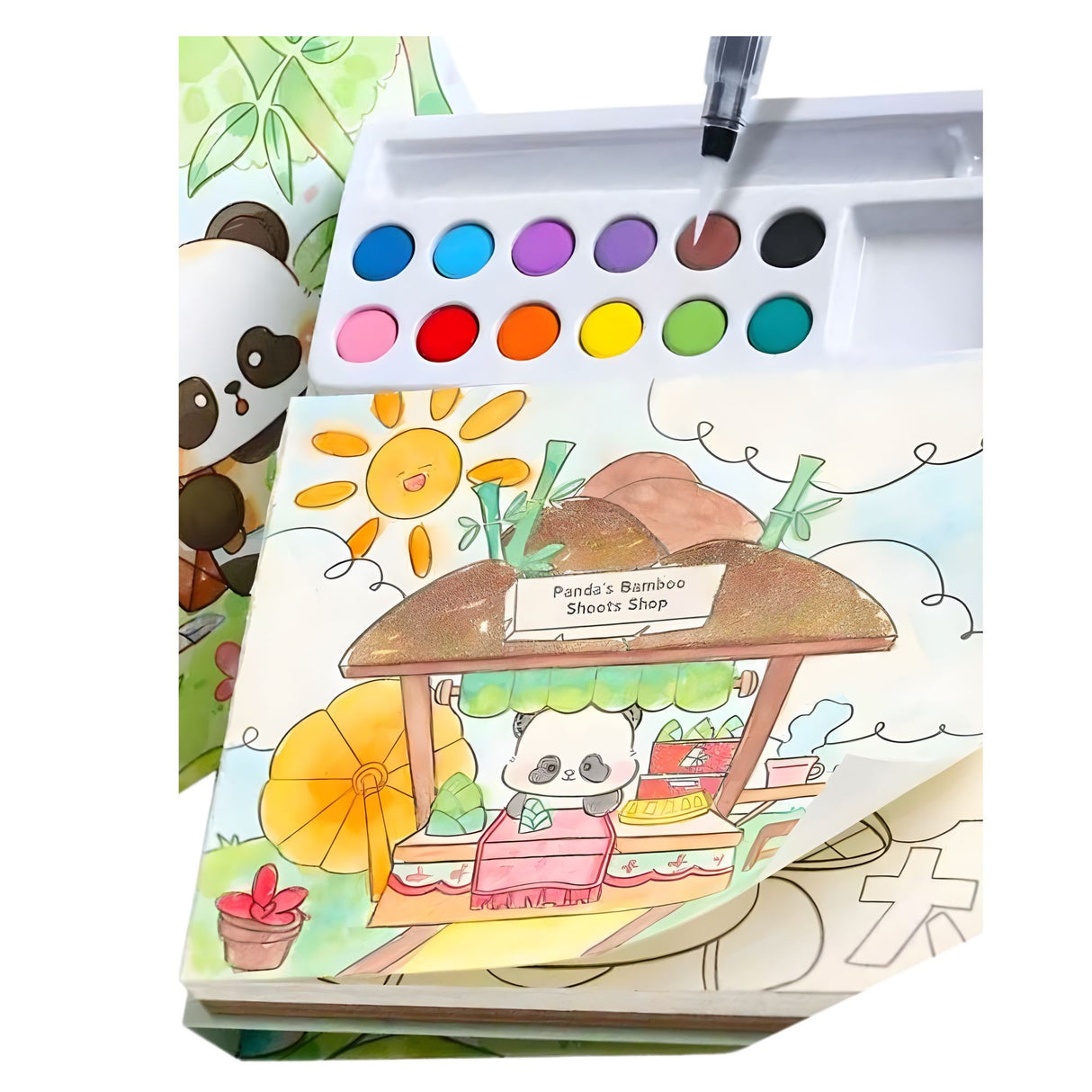 Set Carte de Colorat cu Acuarela, Flippy, Model Panda, 20 Foi de Carton 200 gr, 12 Culori, 1 Pensula, 15.7 x 18.8 x 1.8 cm, Verde - vivimall.ro