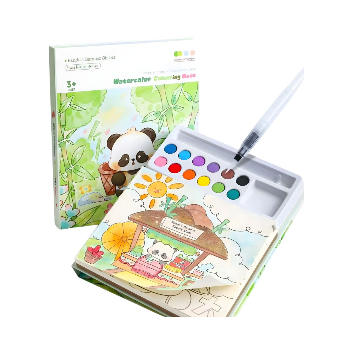 Set Carte de Colorat cu Acuarela, Flippy, Model Panda, 20 Foi de Carton 200 gr, 12 Culori, 1 Pensula, 15.7 x 18.8 x 1.8 cm, Verde - vivimall.ro