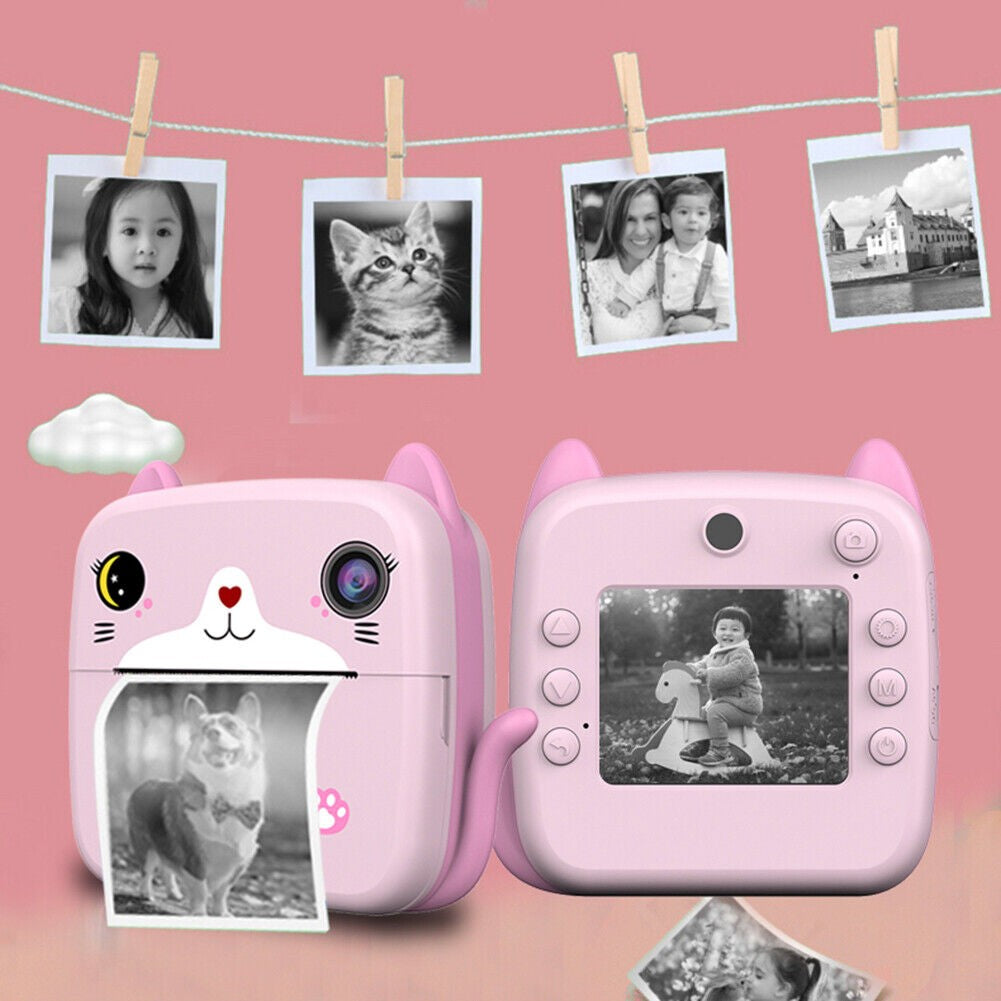 Set Camera Instantanee pentru Copii, Flippy, Ecran HD 2.4'', 24MP, 720P Video, 1200 mAh, cu Functie de Printare Alb-Negru, cablu USB-C, Bluetooth, Compatibil iOS/Android, Imprimare APP, Model Kitty, Roz - vivimall.ro