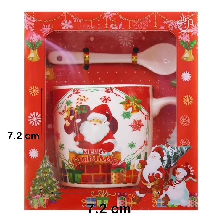 Set Cana Ceramica Cu Lingurita 200 Ml, Tematica Mos Craciun Cu Sac De Cadouri - vivimall.ro