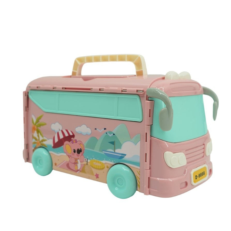 Set casa de papusi tip van, 2 in 1 autobuz si casa, 43 accesorii si mobilier, +3 ani, roz - vivimall.ro