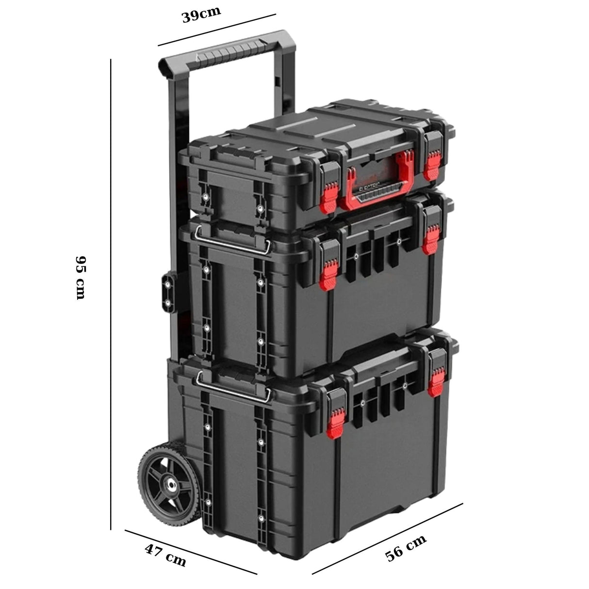 Set Cutii pentru Scule, Flippy, Organizator pe Roti tip Troller, 3 Piese, Modular, Maner Telescopic, Protectie IP65, 56 x 47.5 x 65 cm, Negru - vivimall.ro