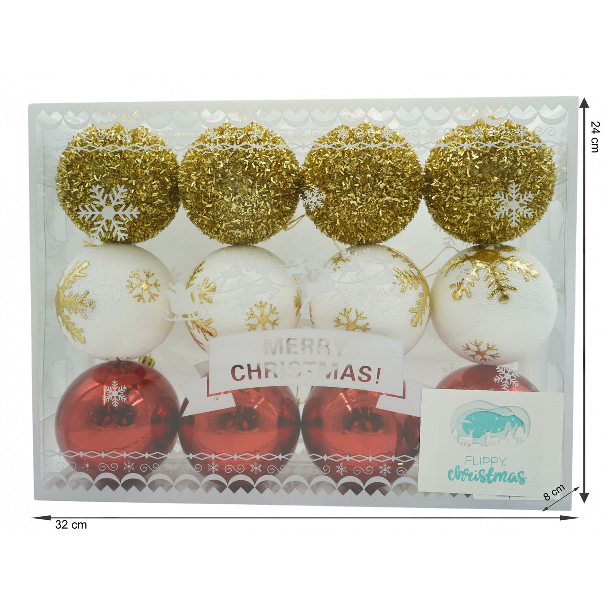 Set de 12 ornamente de brad, Vivimall, de tip Glob, Alb/ Rosu, din polistiren, cu finisaj sclipitor , cutie 8 cm adancime x 32 cm lungime x 24 cm inaltime - vivimall.ro