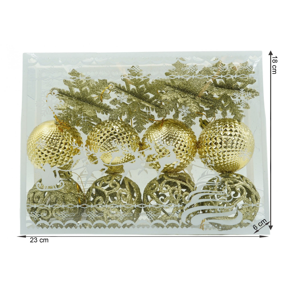 Set de 12 ornamente de brad, Flippy, de tip Glob, Auriu, din plastic, cu finisaj sclipitor , cutie  6  cm adancime x 23  cm lungime x 18  cm inaltime - vivimall.ro