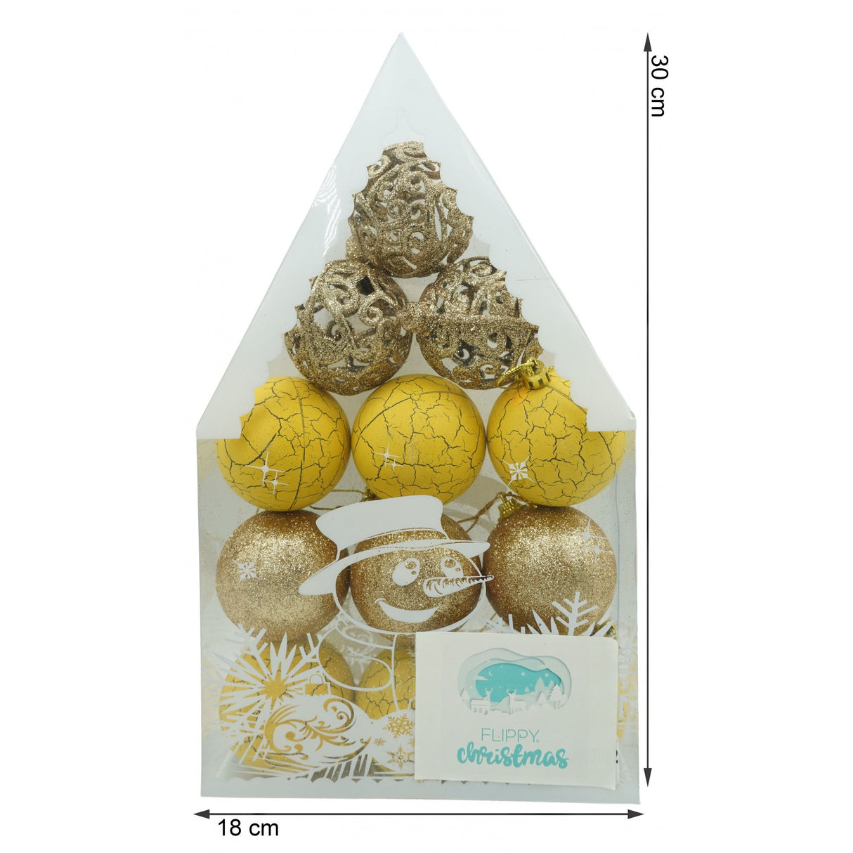 Set de 12 ornamente de brad, Flippy, de tip Glob, Auriu/ Galben, din plastic, cu finisaj sclipitor , cutie  6  cm adancime x 30  cm inaltime x 18  cm lungime) - vivimall.ro