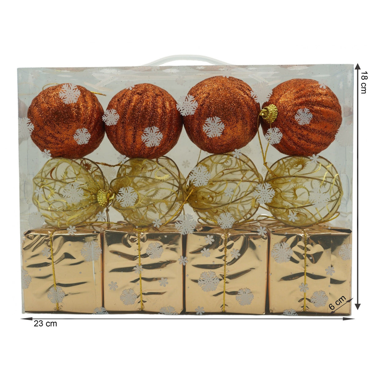 Set de 12 ornamente de brad, Vivimall, de tip Glob, Cupru/ Auriu, din polistiren, cu finisaj sclipitor , cutie 6 cm adancime x 23 cm lungime x 18 cm inaltime - vivimall.ro