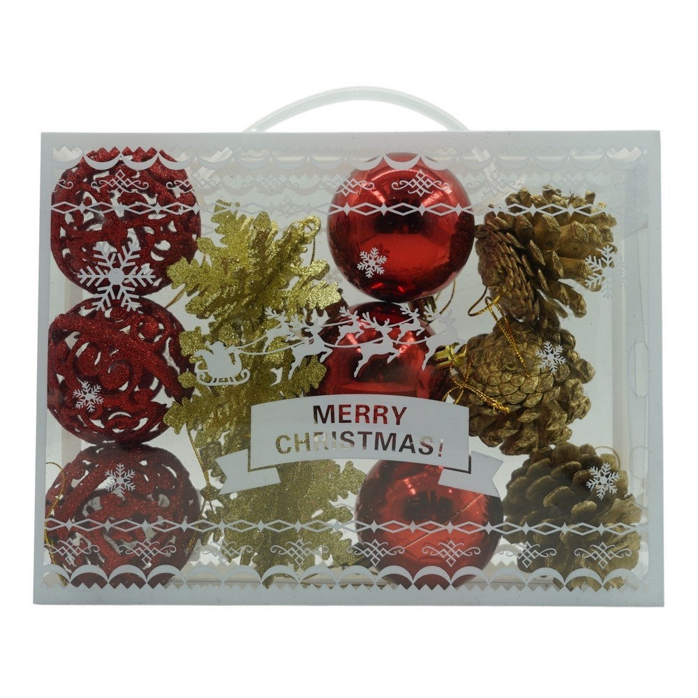 Set de 12 ornamente de brad, Flippy, de tip Glob, Rosu/ Auriu, din plastic, cu finisaj sclipitor , cutie  6  cm adancime x 23  cm lungime x 18  cm inaltime - vivimall.ro