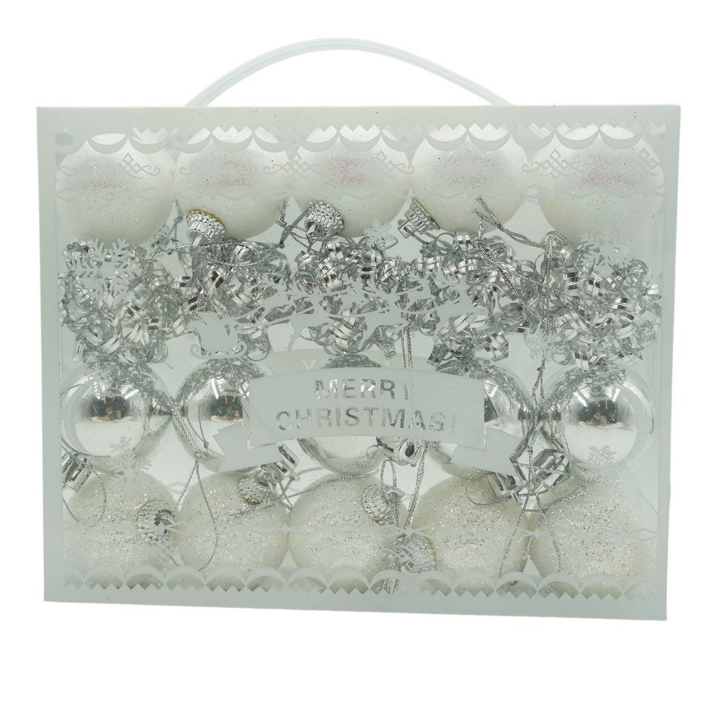 Set de 20 ornamente de brad, Vivimall, de tip Glob, Alb/ Argintiu, din polistiren, cu finisaj sclipitor , cutie 4 cm adancime x 20 cm lungime x 16 cm inaltime - vivimall.ro