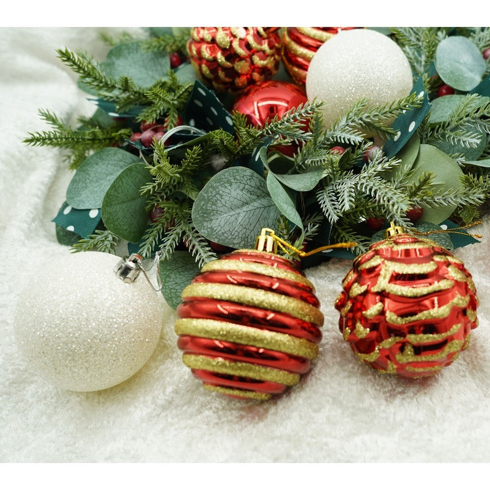 Set de 24 ornamente de brad, Flippy, de tip Glob, Alb/ Rosu, cu ø de 7 cm, din plastic, cu finisaj sclipitor , cutie 16 cm lungime x 36 cm inaltime x 16 cm adancime - vivimall.ro