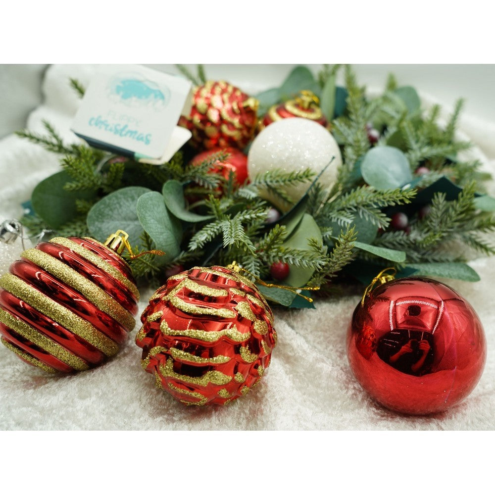 Set de 24 ornamente de brad, Flippy, de tip Glob, Alb/ Rosu, cu ø de 7 cm, din plastic, cu finisaj sclipitor , cutie 16 cm lungime x 36 cm inaltime x 16 cm adancime - vivimall.ro