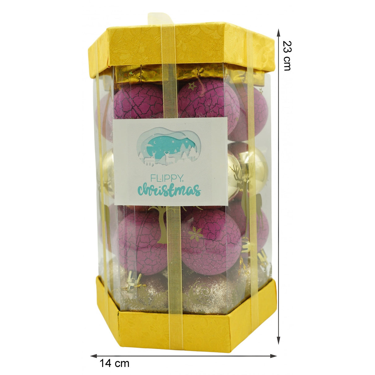 Set de 35 ornamente de brad, Vivimall, de tip Glob, Auriu/ Mov, din polistiren, cu finisaj sclipitor , cutie 14 cm adancime x 23 cm inaltime x 14 cm lungime) - vivimall.ro