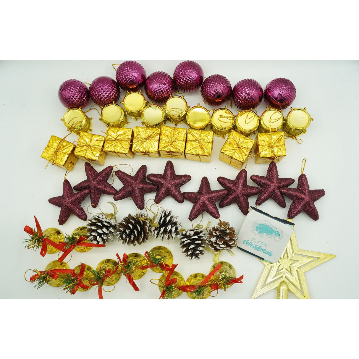 Set de 50 ornamente de brad, Flippy, de tip Glob, Rosu/ Auriu, din plastic, cu finisaj sclipitor , cutie  18  cm lungime x 12  cm adancime x 18  cm inaltime - vivimall.ro