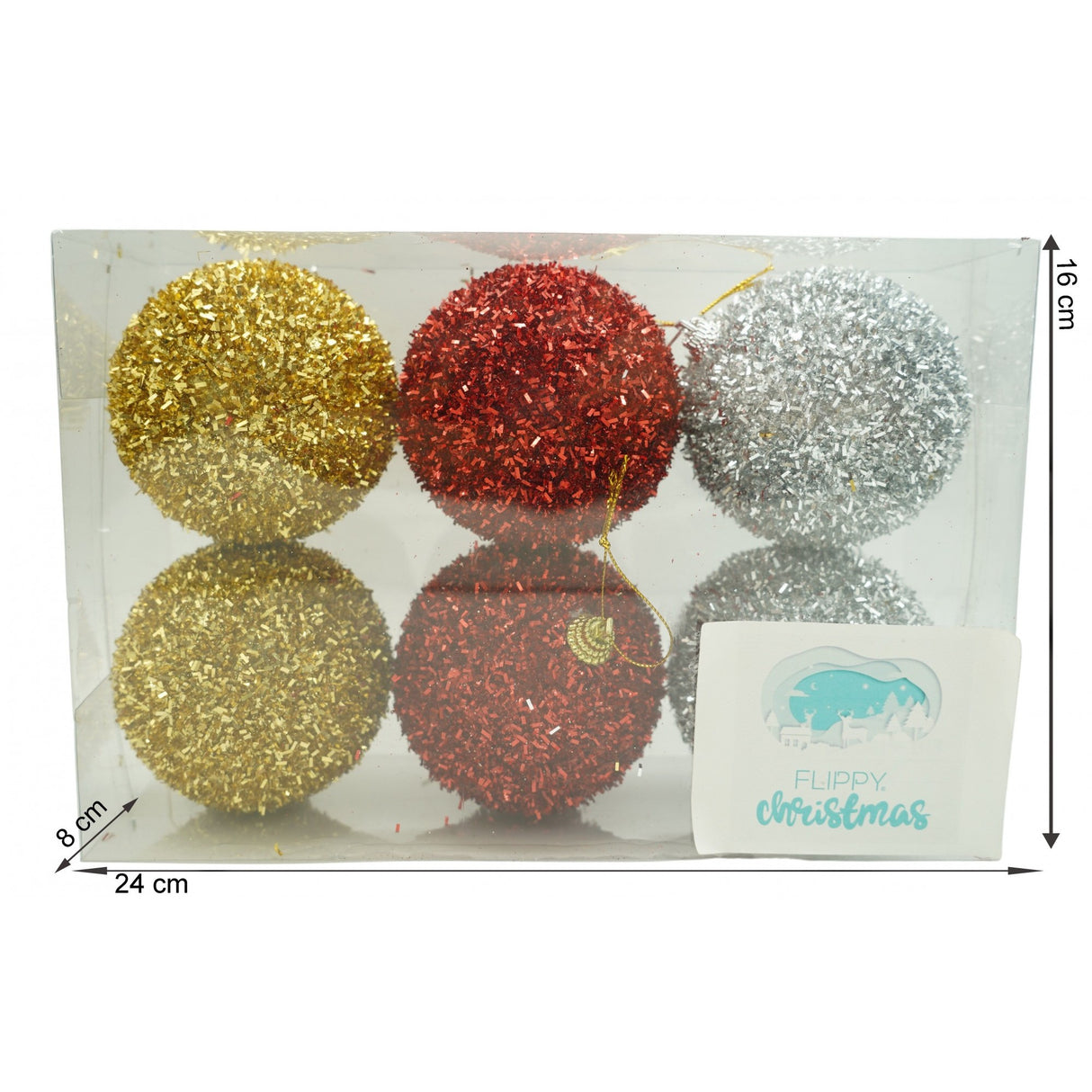 Set de 6 ornamente de brad, Vivimall, de tip Glob, Multicolor, cu ø de 8 cm, din polistiren, cu finisaj sclipitor , cutie 16 cm inaltime x 24 cm lungime x 8 cm adancime - vivimall.ro