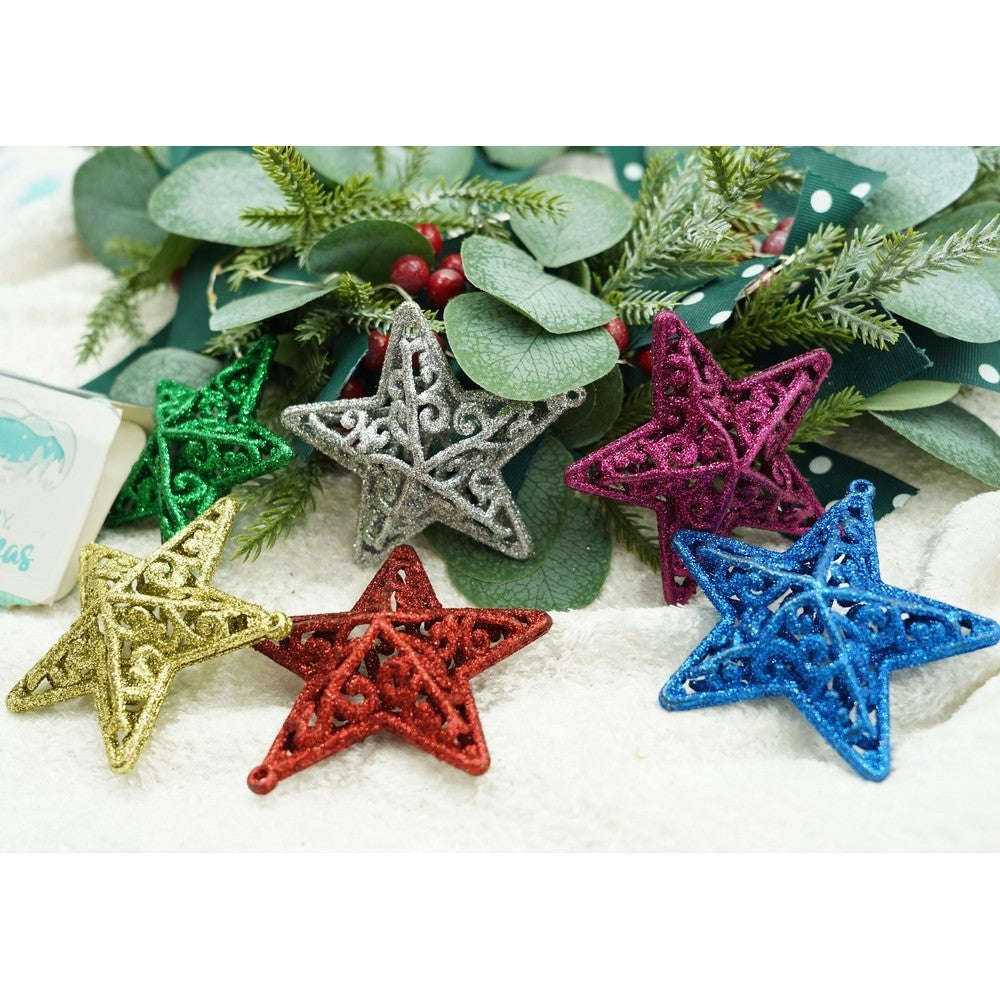Set De 6 Ornamente De Brad, De Tip Stea, Din Plastic, Cu Finisaj Sclipitor, Cutie 3 Cm Adancime X 31 Cm Lungime X 9 Cm Inaltime