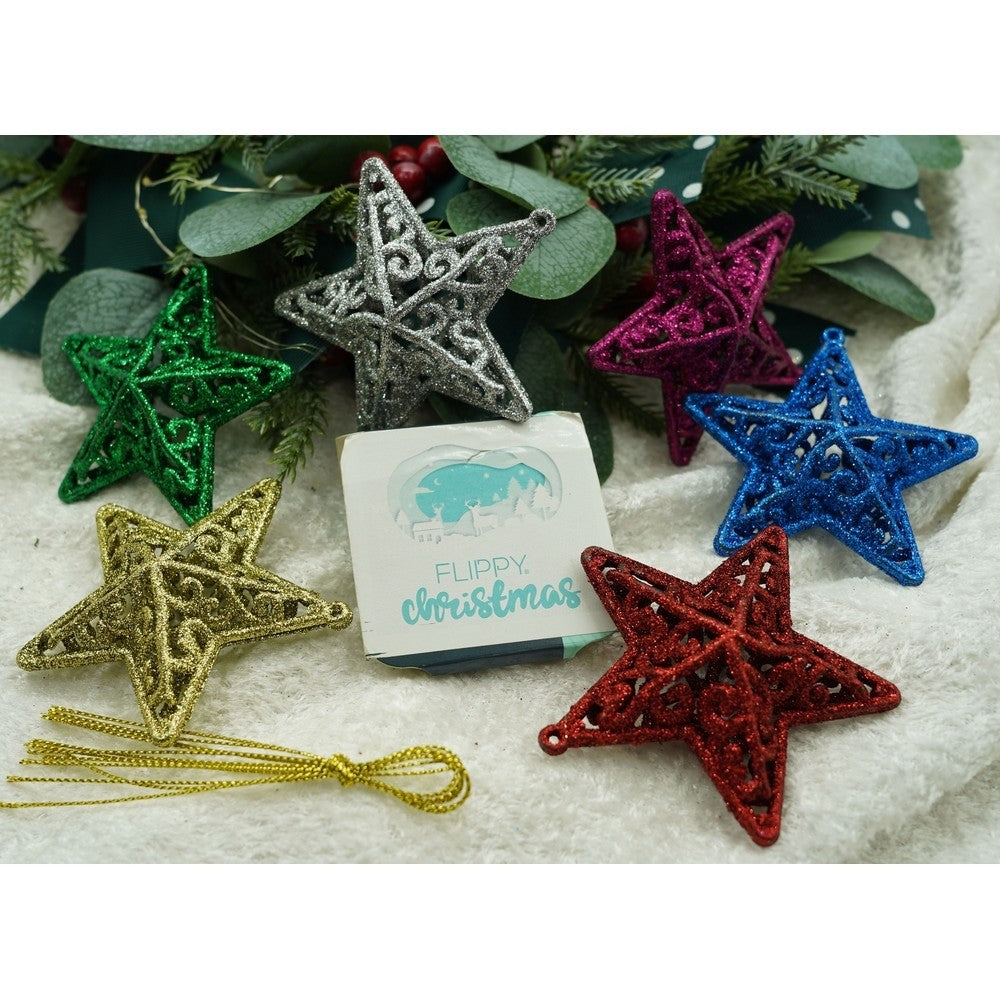 Set De 6 Ornamente De Brad, De Tip Stea, Din Plastic, Cu Finisaj Sclipitor, Cutie 3 Cm Adancime X 31 Cm Lungime X 9 Cm Inaltime
