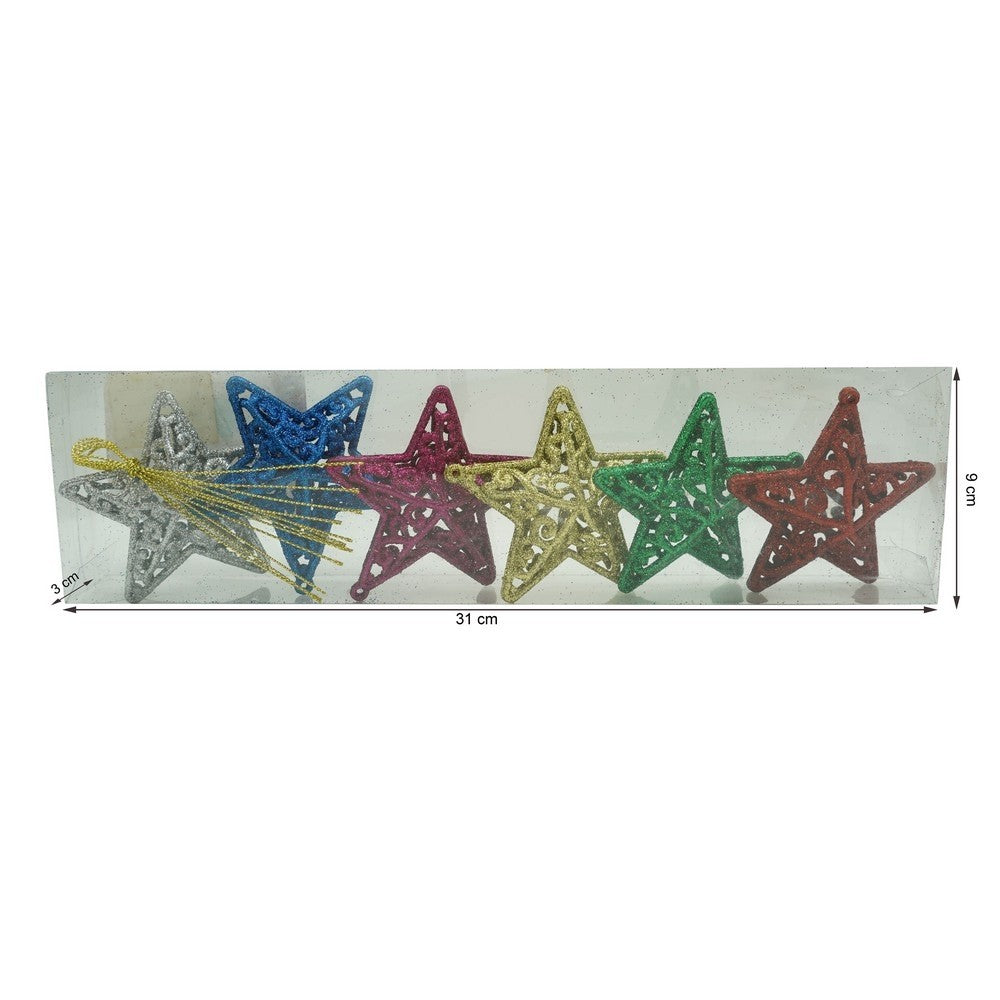 Set De 6 Ornamente De Brad, De Tip Stea, Din Plastic, Cu Finisaj Sclipitor, Cutie 3 Cm Adancime X 31 Cm Lungime X 9 Cm Inaltime