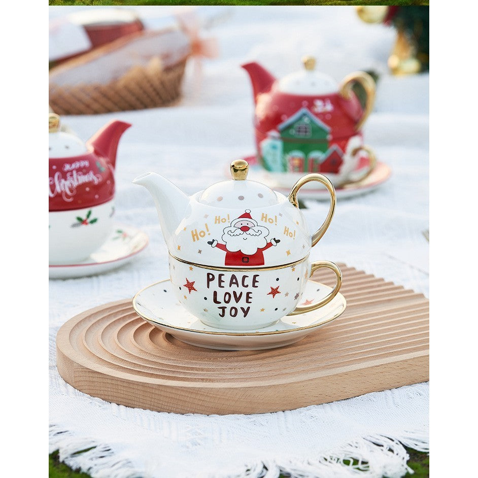 Set de Ceai, Flippy, Tema Craciun, Ceainic 420 ml, Cana 310 ml, Farfurie, din Portelan, Model Mos Craciun, Alb, Resigilat