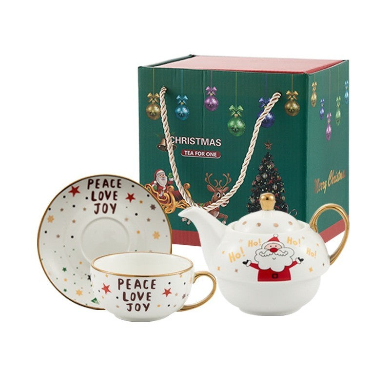 Set de Ceai, Flippy, Tema Craciun, Ceainic 420 ml, Cana 310 ml, Farfurie, din Portelan, Model Mos Craciun, Alb, Resigilat