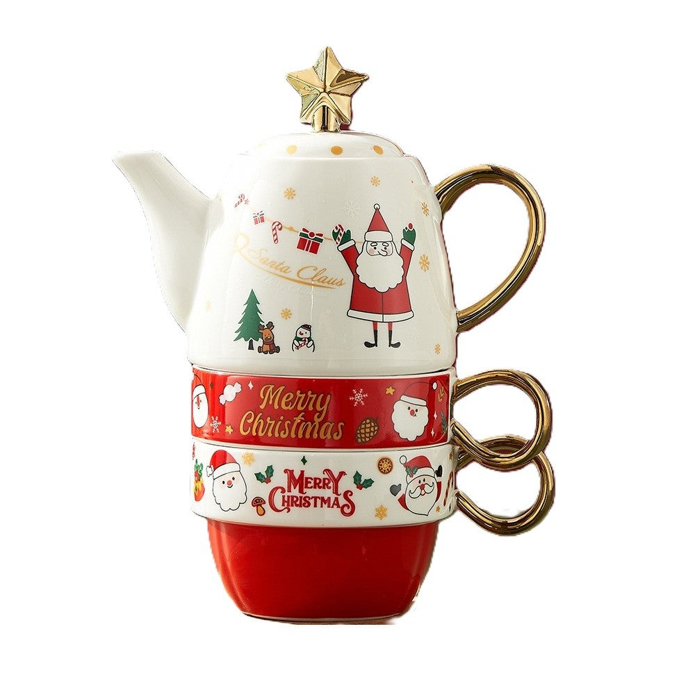 Set de Ceai, Flippy, Tema Craciun, Ceainic 450 ml, 2 x Cani 250 ml, din Ceramica, Model Mos Craciun/Santa Claus, Alb/Rosu - vivimall.ro