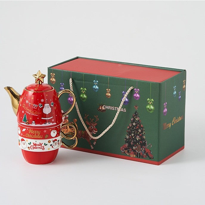 Set de Ceai, Flippy, Tema Craciun, Ceainic 450 ml, 2 x Cani 250 ml, din Ceramica, Model Mos Craciun/Santa Claus, Alb/Rosu - vivimall.ro