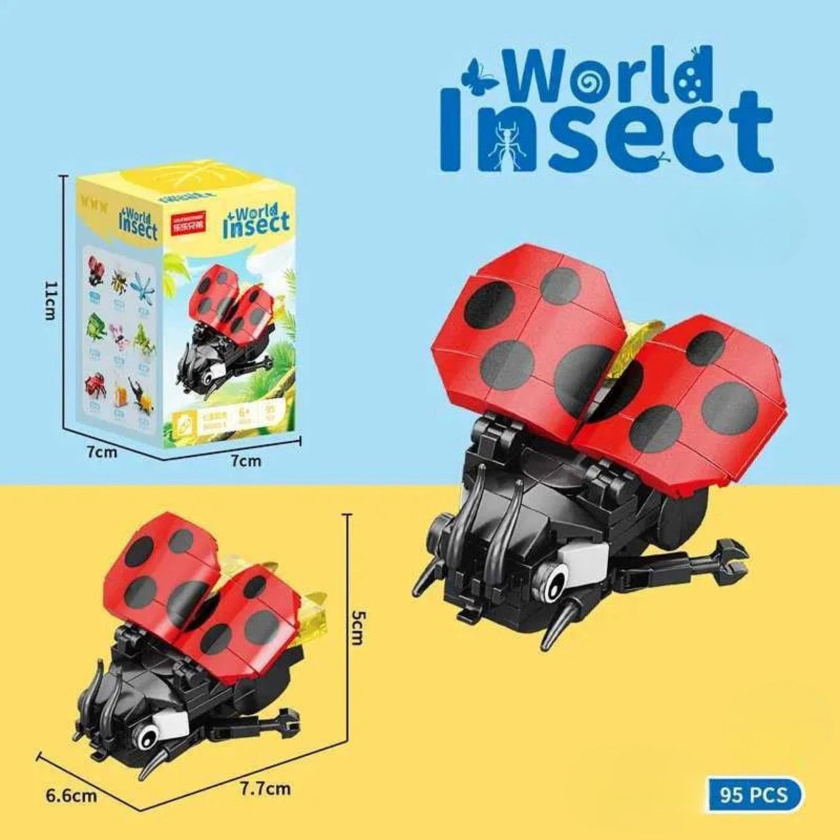 Model buburuză Flippy finalizat expus pe birou, construcție 3D din 95 piese plastic ABS, negru și roșu