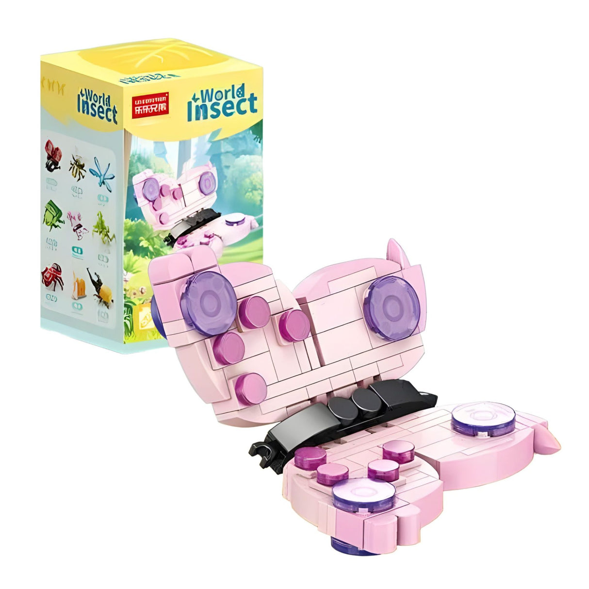 Set de construcție Flippy Fluture 3D, 115 piese plastic ABS roz, vedere frontală cutie