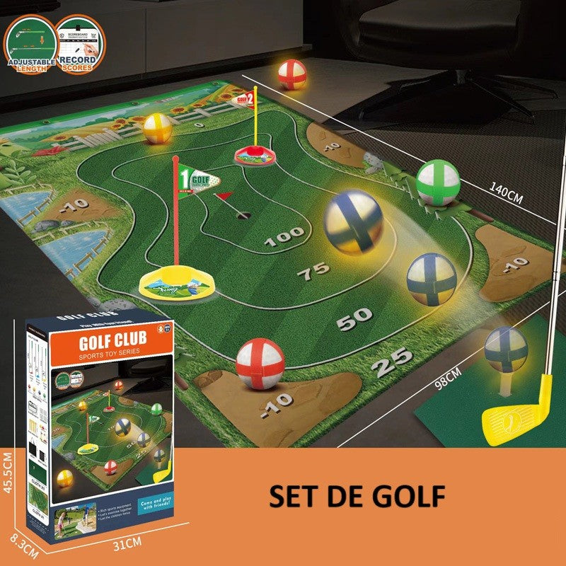 Set de Golf, Flippy, Interactiune Parinte-Copil, Covor de Golf, 140 x 98 cm, 4 Mingii cu Scai, 3 Crose Reglabile, Model A, +3 Ani, Multicolor