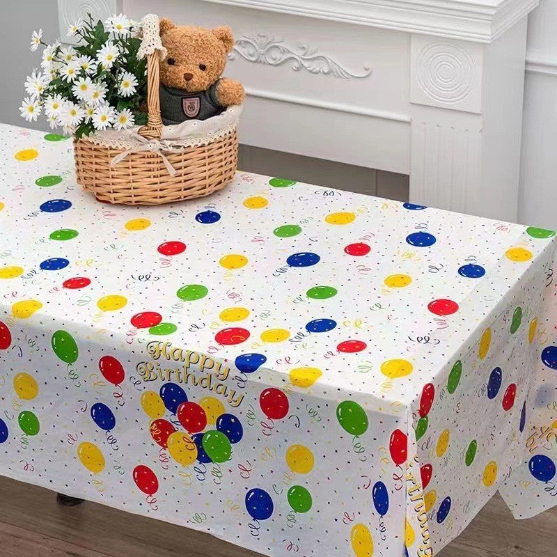 Fata de Masa, Vivimall, din PEVA, Imprimeu Happy Birthday cu Baloane, 137 x 274 cm, Impermeabila, Fara Pete, Curatare Rapida, Multicolor