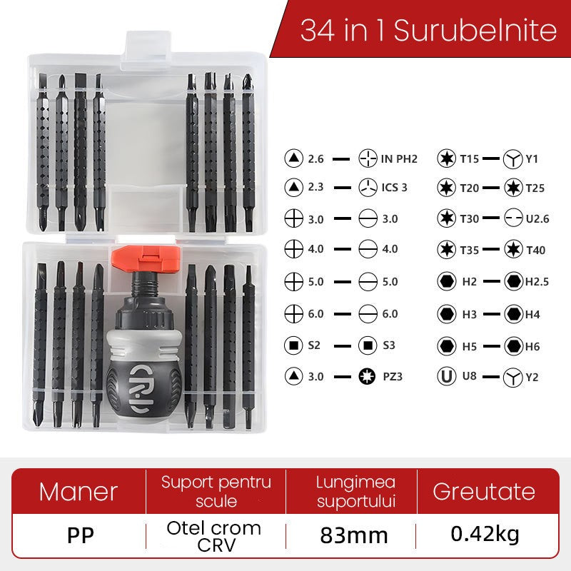 Set de Surubelnite 34-in-1 cu Clichet, Flippy, Set de Uz Casnic pentru Repararea Electronicelor Mici, Maner durabil, 12 x 10 x 5 cm, Negru Mat