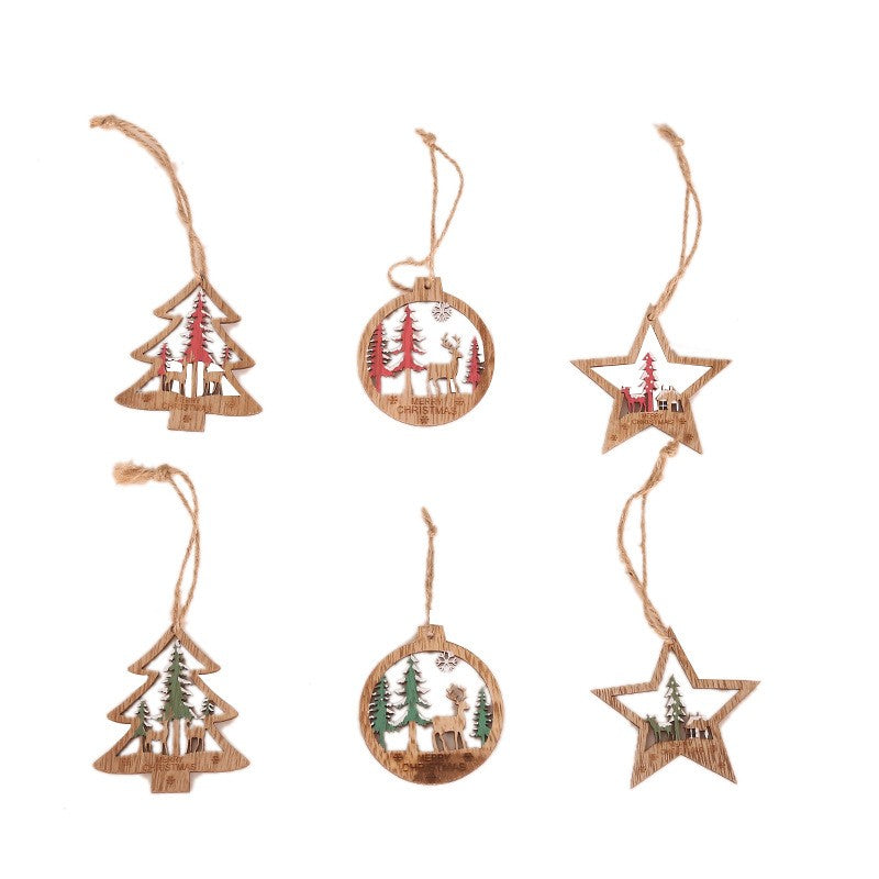 Set 6 Decoratiuni de Craciun din Lemn, Flippy, cu Snur pentru Agatare in Brad, Model Brad, Glob si Steluta, Verde