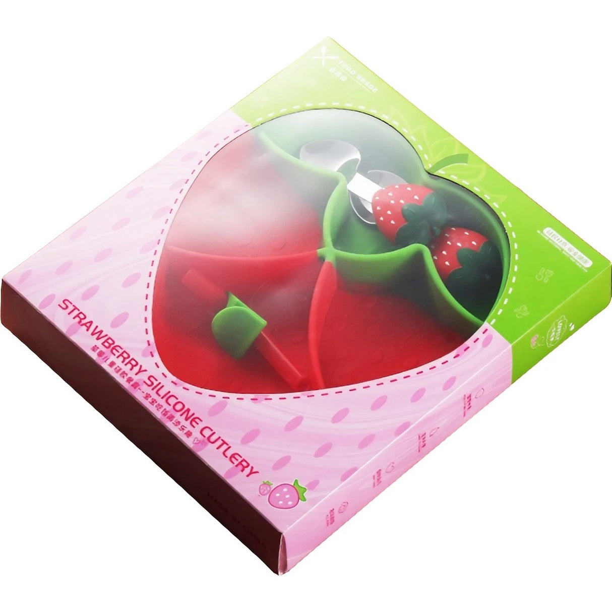 Set diversificare bebelusi Flippy, din silicon, 19 x 18 cm, 1 farfurie compartimentata in forma de capsuna, lingurita si furculita, pai, perie pai, fara alergeni, ventuza fixare,  forma creativa,  rosu