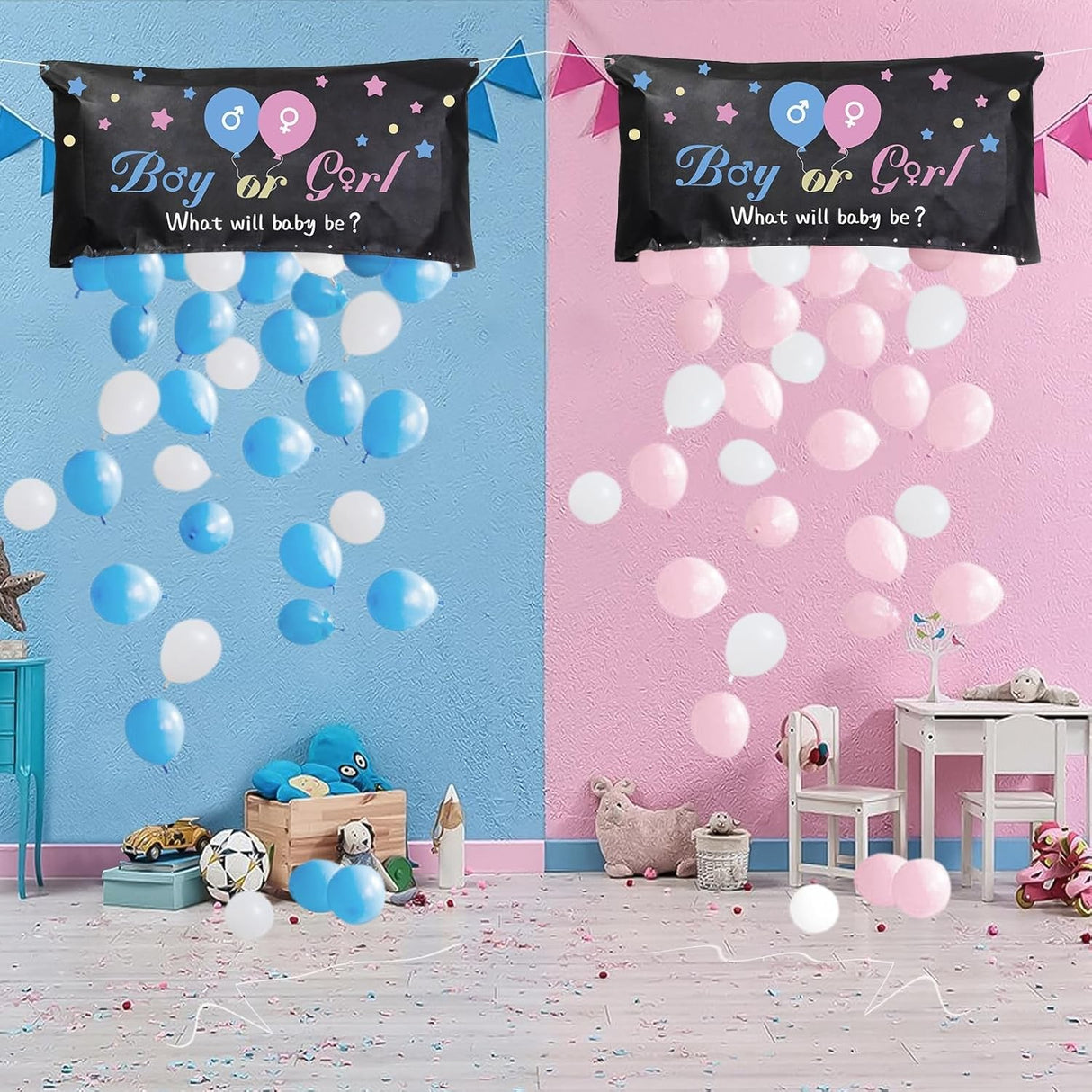 Set Gender Reveal, Vivimall, Balloon Drop Bag, din Plastic si Latex, 24 Baloane Roz si Albastru 13 cm, Sac pentru Baloane 60 x 120 cm, Multicolor - vivimall.ro