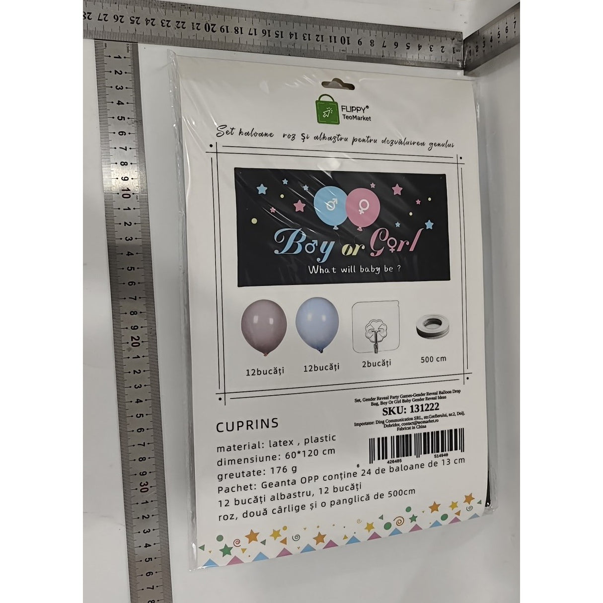 Set Gender Reveal, Vivimall, Balloon Drop Bag, din Plastic si Latex, 24 Baloane Roz si Albastru 13 cm, Sac pentru Baloane 60 x 120 cm, Multicolor - vivimall.ro