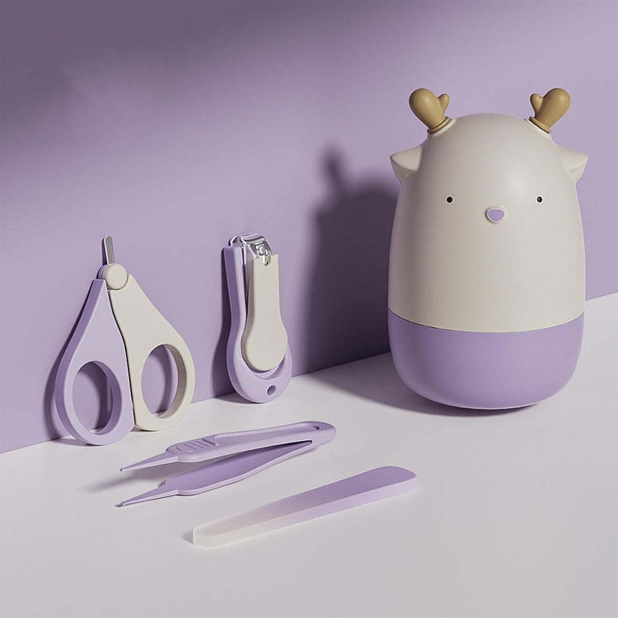 Set 4in1 de Ingrijire Unghii pentru Bebelusi, Vivimall, Cutie de Depozitare Tip Cerb, 0-6 Ani, 11 x 6 x 11 cm, Mov