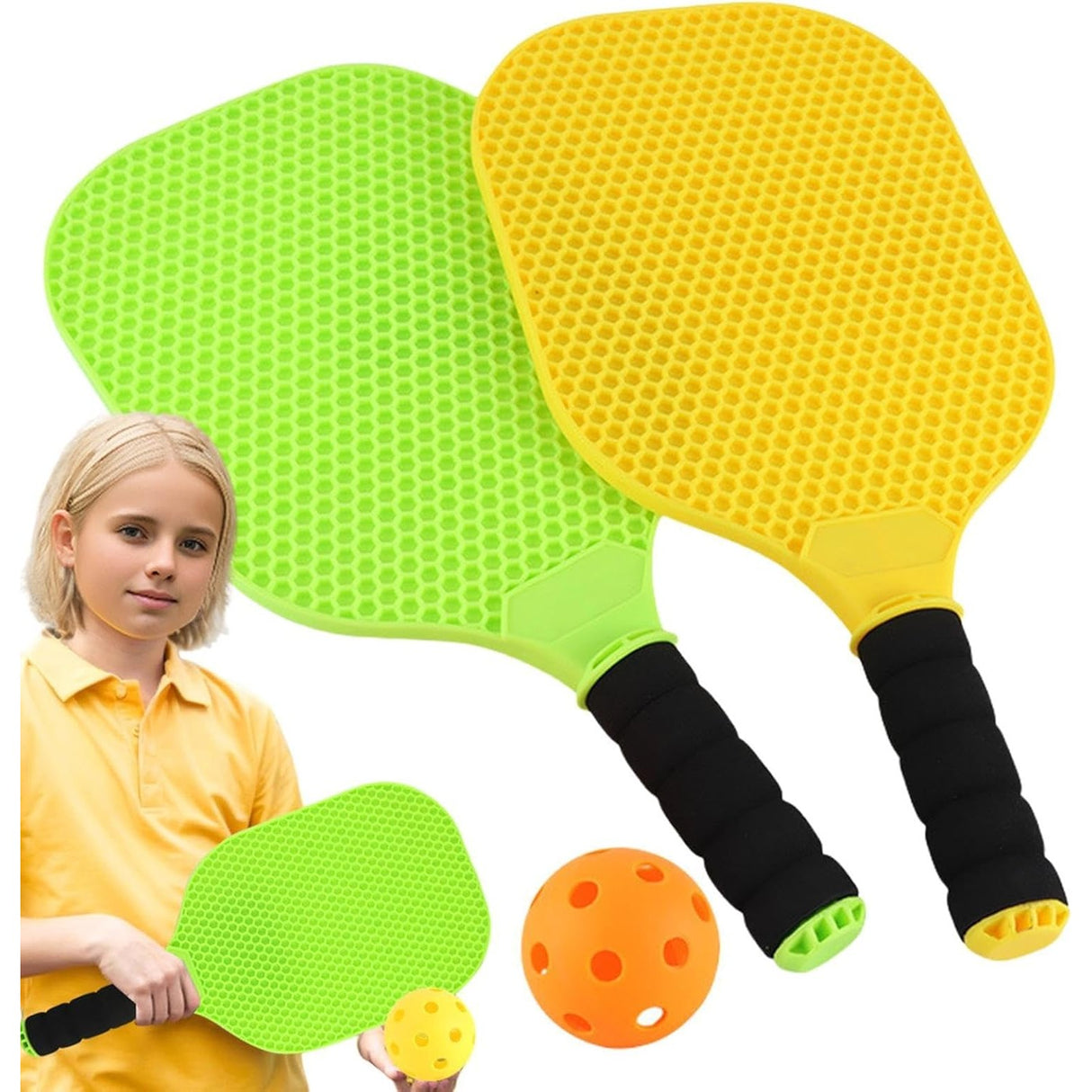 Set Joc de Ping-Pong, Vivimall, 2 Palete, 1 Minge, + 6 Ani, 37.5 x 18 x 3 cm, Galben/Verde - vivimall.ro
