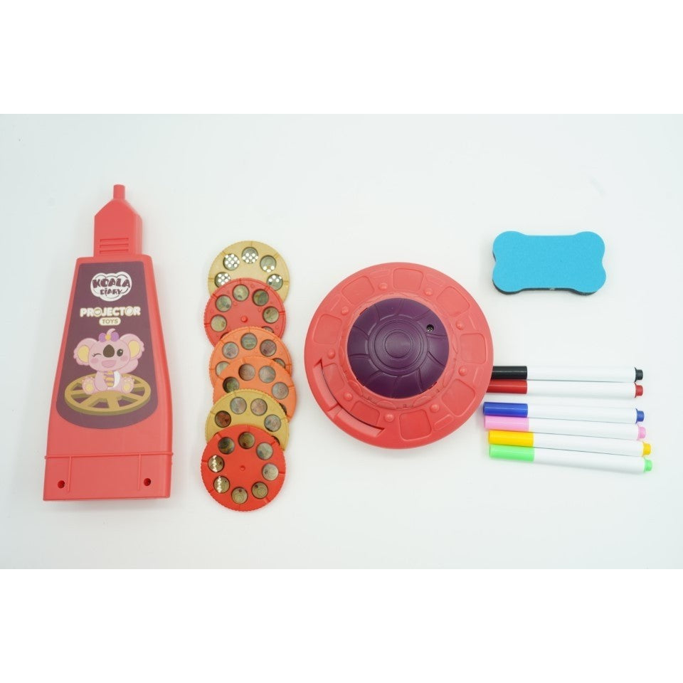 Set jucarie educativa proiector cu masa pentru desen, 48 de imagini, 6 discuri de proiectare, creioane colorate, cutie depozitare, +3 ani, Rosu - vivimall.ro