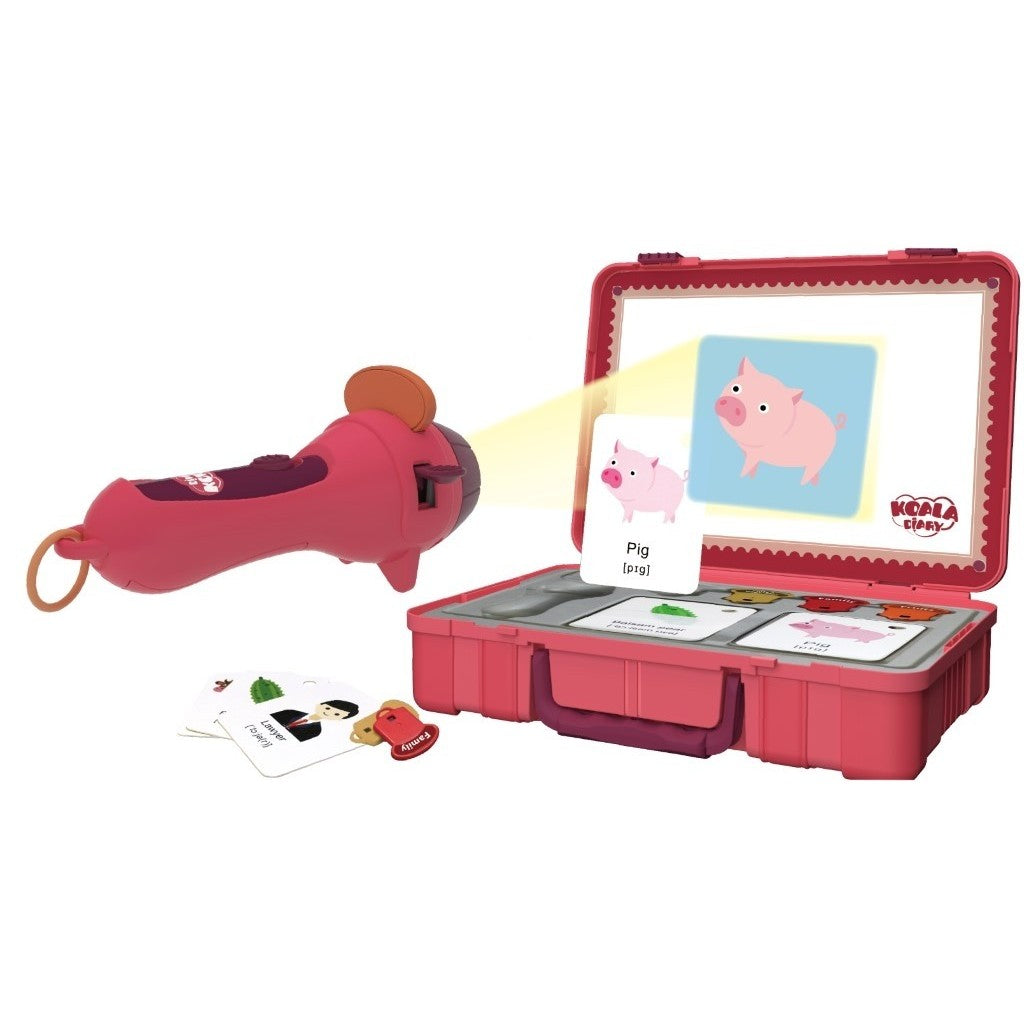Set jucarie educativa proiector tip lanterna pentru copii, 48 de imagini,carti cu pictograme, cutie depozitare, +3 ani, Rosu - vivimall.ro