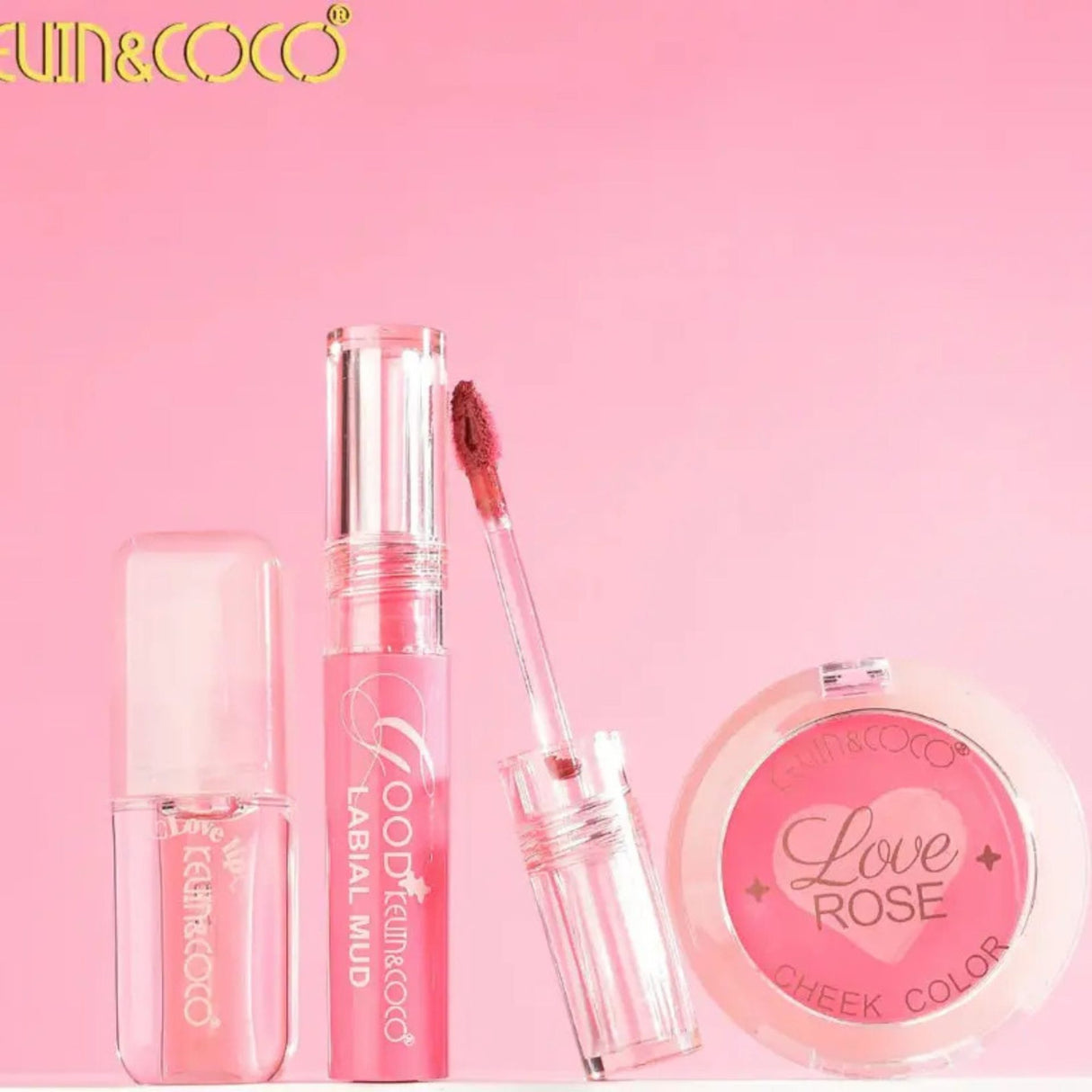 Set Machiaj Complet, Kevin&Coco, Trusa Machiaj Portabila, Mini Kit, 4 Articole Esentiale pentru Stralucire, Design Inima, Roz - vivimall.ro