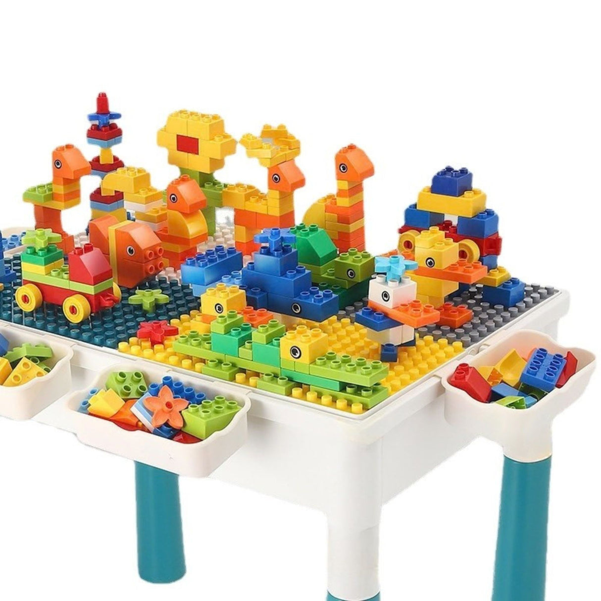 Masuta Multifunctionala, Flippy, Educativa pentru Copii, Scaunel Bunny 2 unitati, Blat Reversibil, Compatibila cu Piese mari tip LEGO Duplo, 4 cutii depozitare, 156 piese, 3+Ani, Multicolor - vivimall.ro