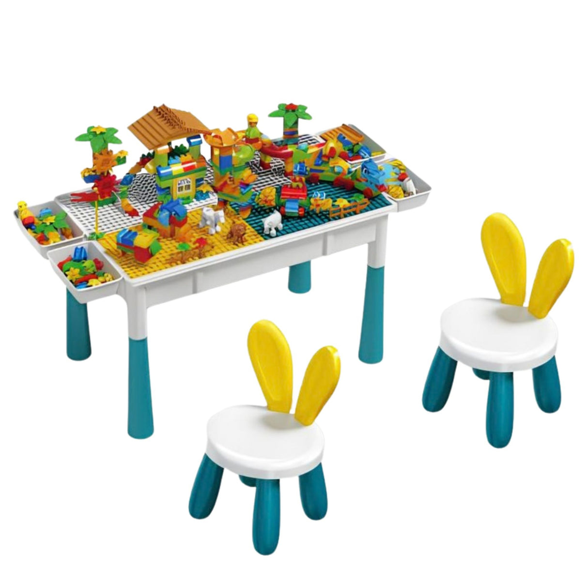 Masuta Multifunctionala, Flippy, Educativa pentru Copii, Scaunel Bunny 2 unitati, Blat Reversibil, Compatibila cu Piese mari tip LEGO Duplo, 4 cutii depozitare, 156 piese, 3+Ani, Multicolor - vivimall.ro