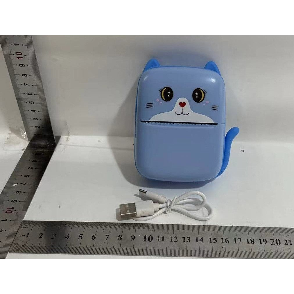 Set Mini Imprimanta Foto Portabila, Vivimall, Include: 1x Set de Markere, 5x Role de Hartie Termica, 5x Role Hartie Adeziva, Incarcare USB, Bluetooth, Print Alb-Negru, Model Pisicuta, Albastru - vivimall.ro