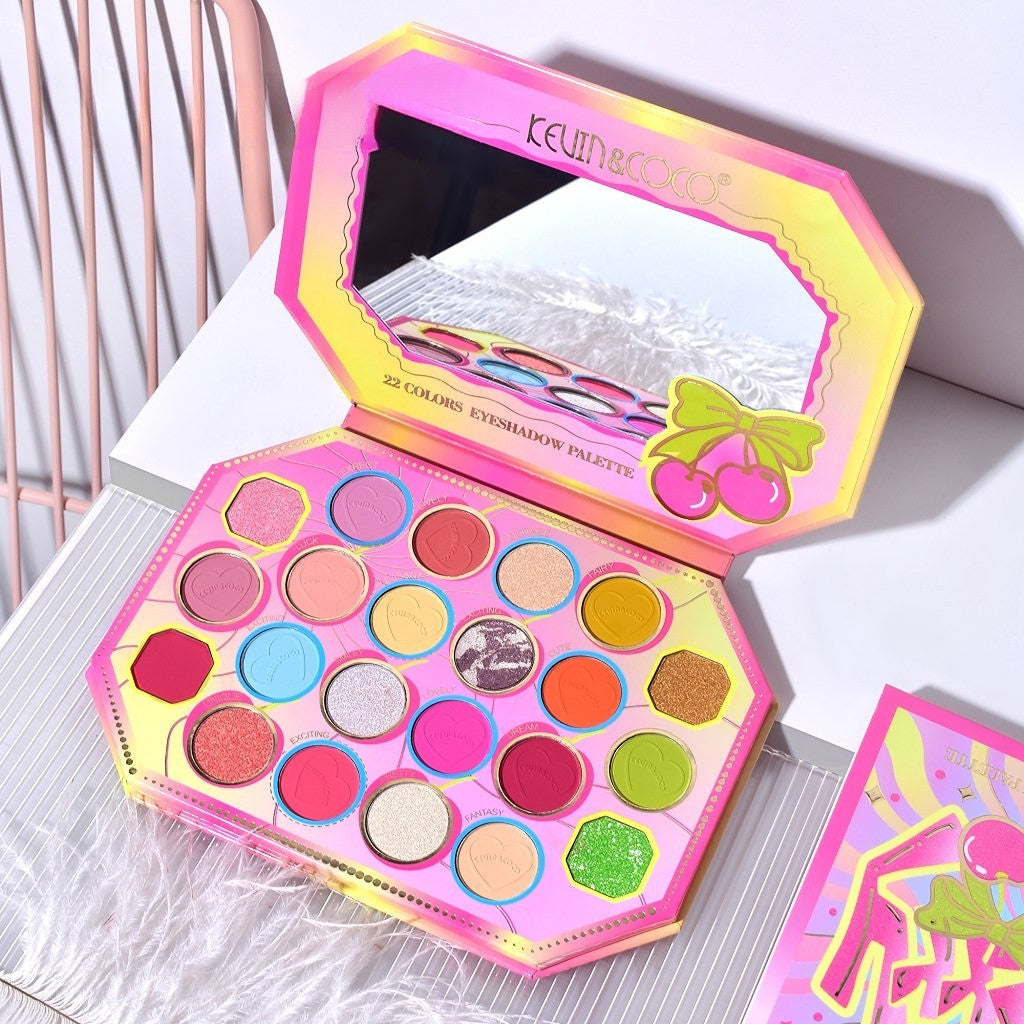 Paleta de Machiaj, KEVIN & COCO, Pink Cherry, Fard de Pleoape, 22 culori, 19 x 13.7 x 1.3 cm - vivimall.ro