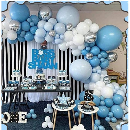 Baloane Decorative Arcada, Pentru Baieti, Baby Shower, Arcada Baby Boss, Set Din 154 Baloane, Baloane Party, 12 Cm, 30 Cm, 45 Cm, Bleu, Alb, Argitiu - vivimall.ro