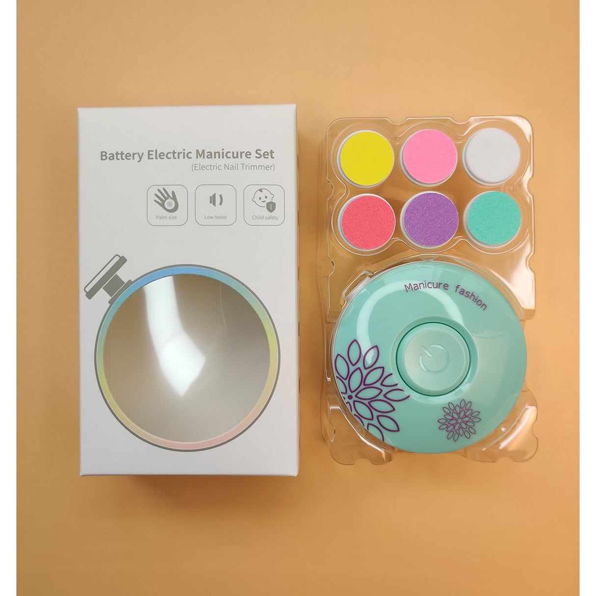 Set Pila Electrica pentru Copii si Bebelusi, Vivimall, ABS, Incarcare USB, Model cu Flori, 6 Accesorii, cu Lumina LED, Verde - vivimall.ro