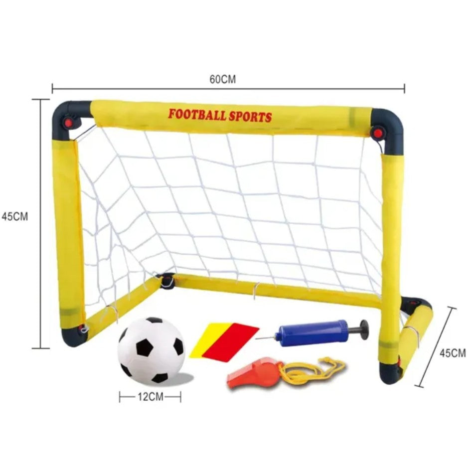 Set Poarta de Fotbal pentru Copii, Vivimall, 45x60 cm, Minge, Cartonase, Pompa, Fluier, Interactiv, Distractiv, Galben - vivimall.ro